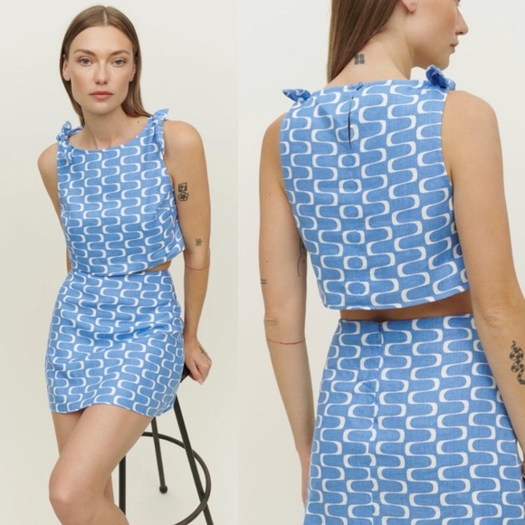 Reformation Dresses & Skirts - Reformation Farley 100% Linen pool side 2 pc set Blue White Patterned Skirt NWT